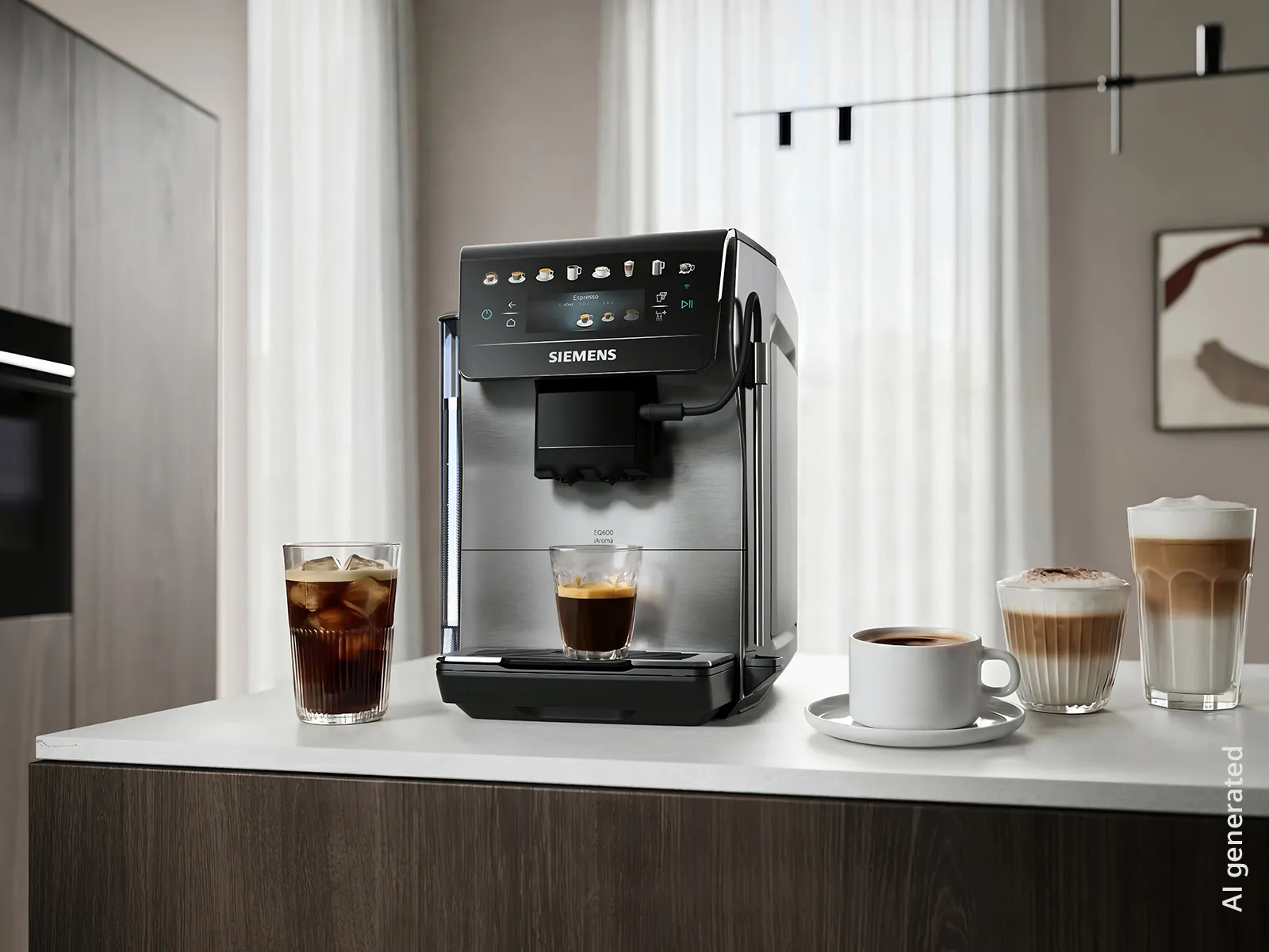 The Siemens EQ600 iAroma stands on a kitchen counter with various hot and cold beverages around it, while it is making a coffee drink.