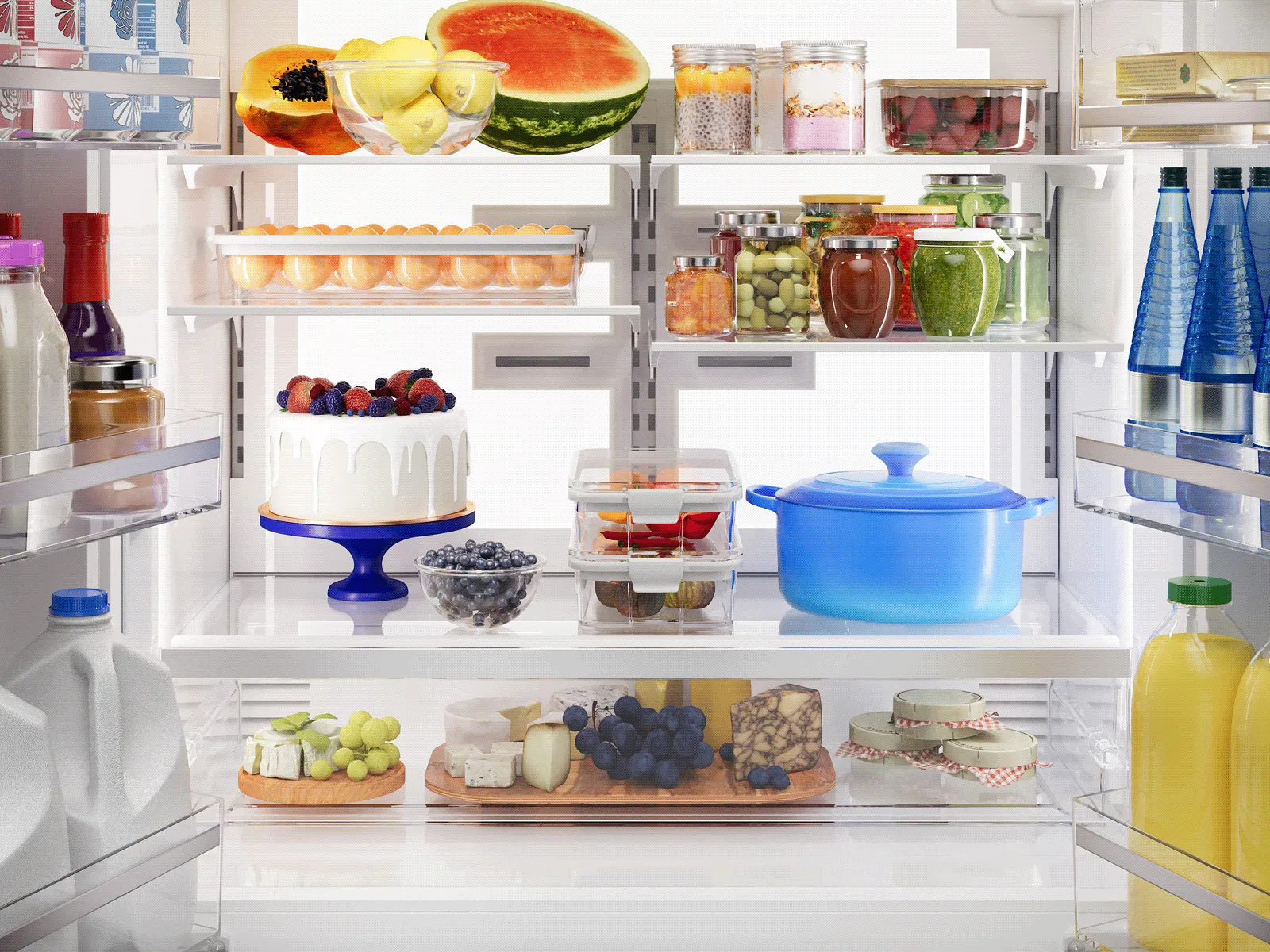 The well-organized interior of a refrigerator, stocked with fresh food, a cake, and a cheese board.