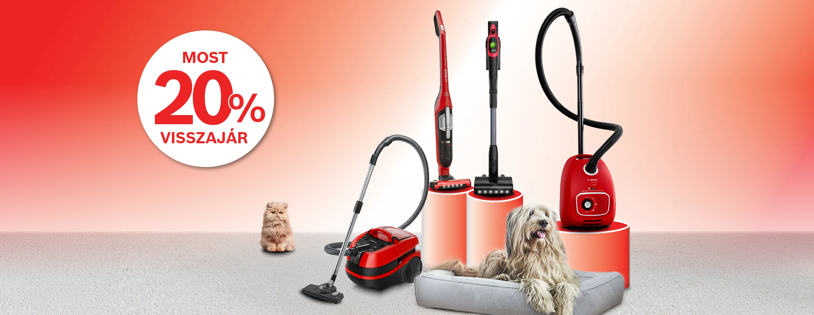 Bosch reklámgrafika lazacpiros-fehér színvilágban. A felső részen a Bosch logó és a szöveg: „Állati nagy tisztaság! Bosch ProAnimal porszívók 20% pénzvisszatérítéssel.” A promóció időszaka: 2026.06.01–08.31 látható. Bal oldalon egy fehér körben nagy piros felirat: „Most 20% visszajár”. A kép alsó részén négy piros Bosch porszívó szerepel különböző típusokban: porzsákos, nedves-száraz és álló vezeték nélküli modellek. A porszívók mellett egy hosszú szőrű kutya fekszik párnán, bal oldalon pedig egy világosbarna macska ül. Az alsó részen apró betűs promóciós tájékoztató olvasható.