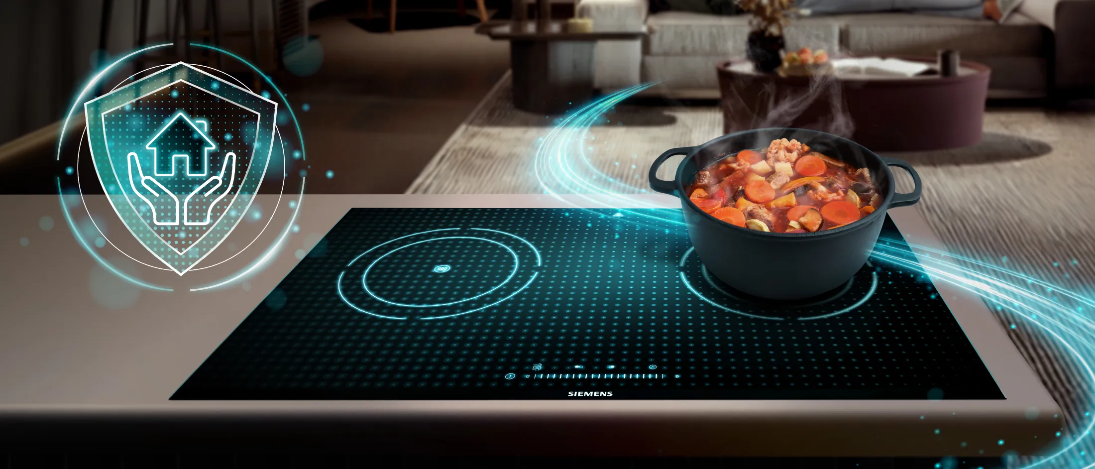 Siemens induction hob with integrated ventilation, steaming pan, and a modern dining setup in the background.