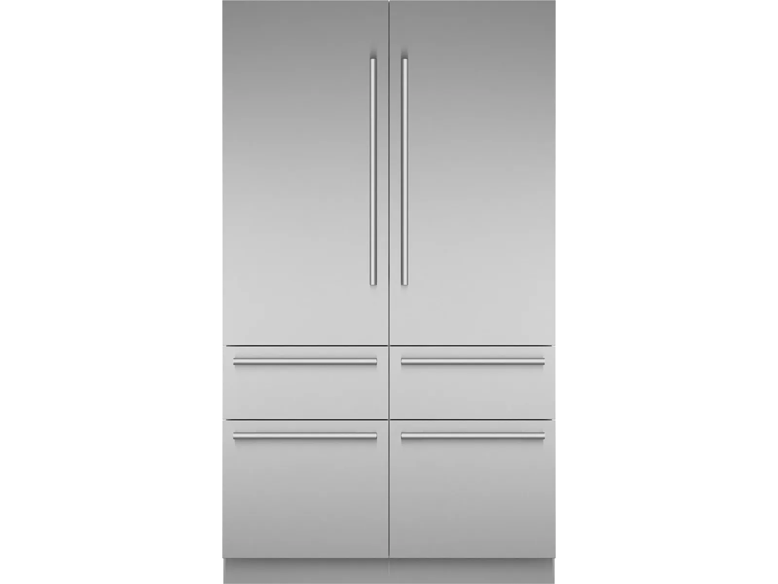 Front view of a stainless steel French door refrigerator with four bottom freezer drawers.