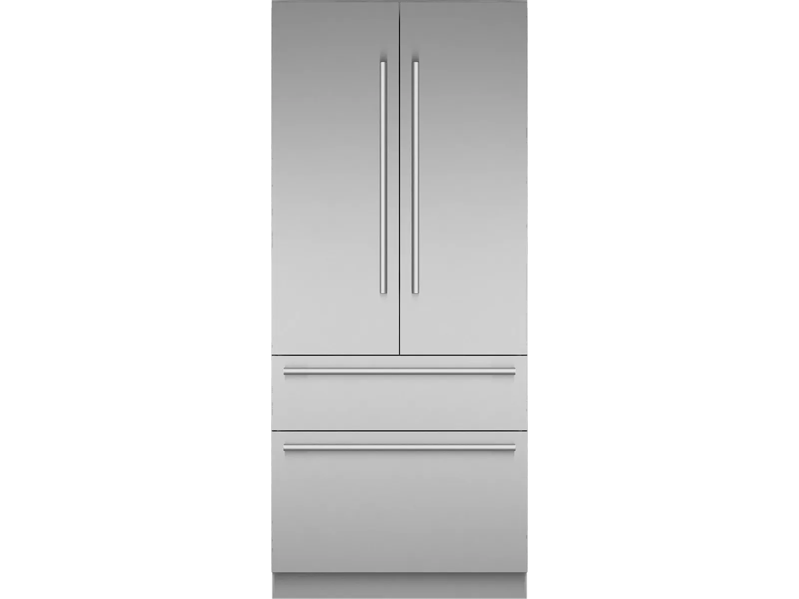 Front view of a stainless steel French door refrigerator with two bottom freezer drawers.