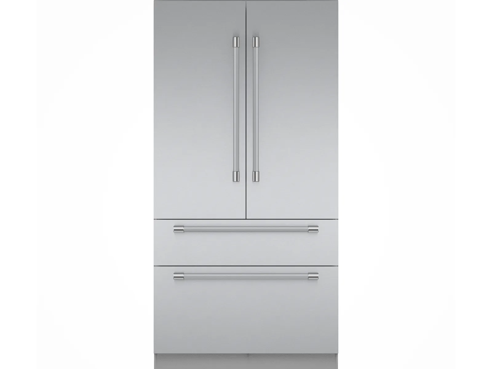 A stainless steel French door refrigerator with two bottom freezer drawers on a white background.