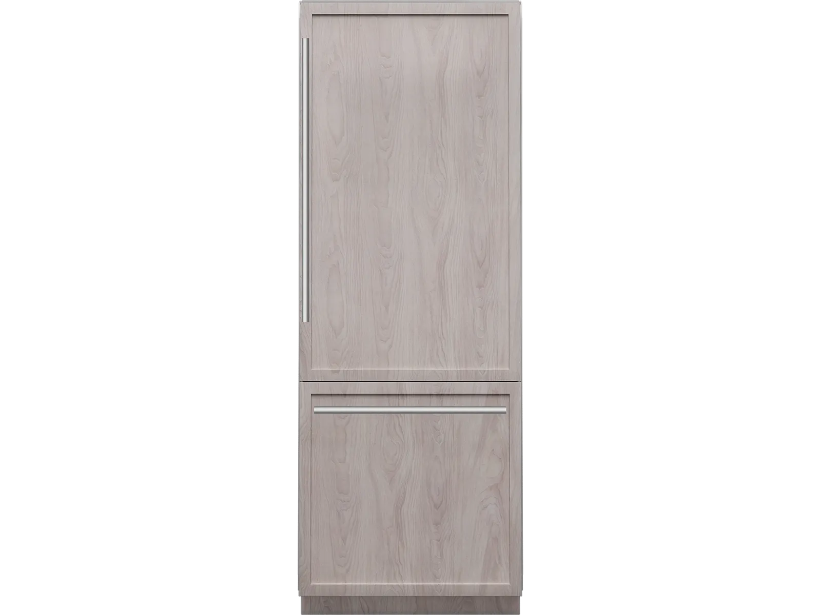 A panel-ready, built-in refrigerator with a light wood grain finish and a bottom freezer.