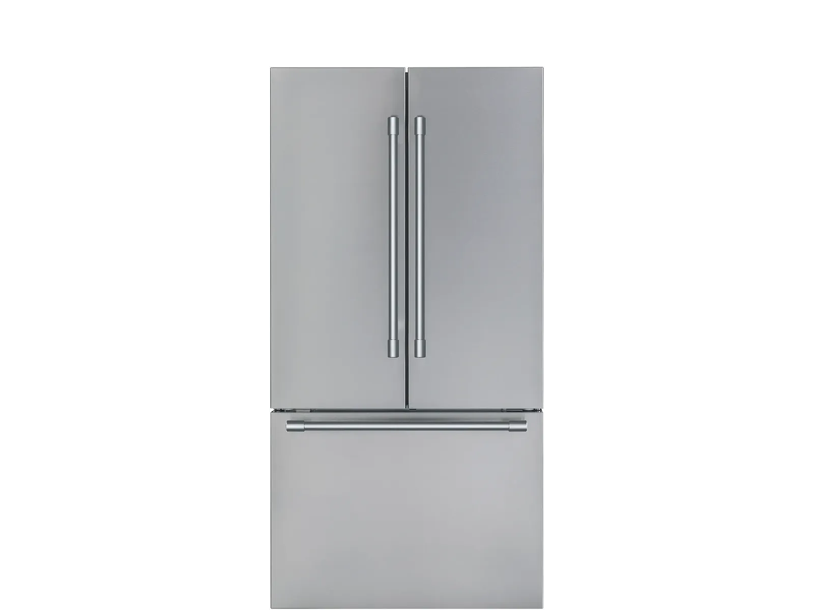 A stainless steel French door refrigerator with a large, single-drawer bottom freezer.