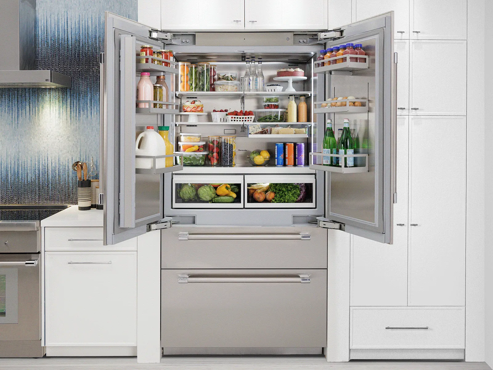 A brightly lit, stocked French door refrigerator with its doors open in a modern kitchen.
