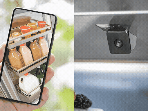 Split screen showing a refrigerator's internal camera and a phone displaying the live view.