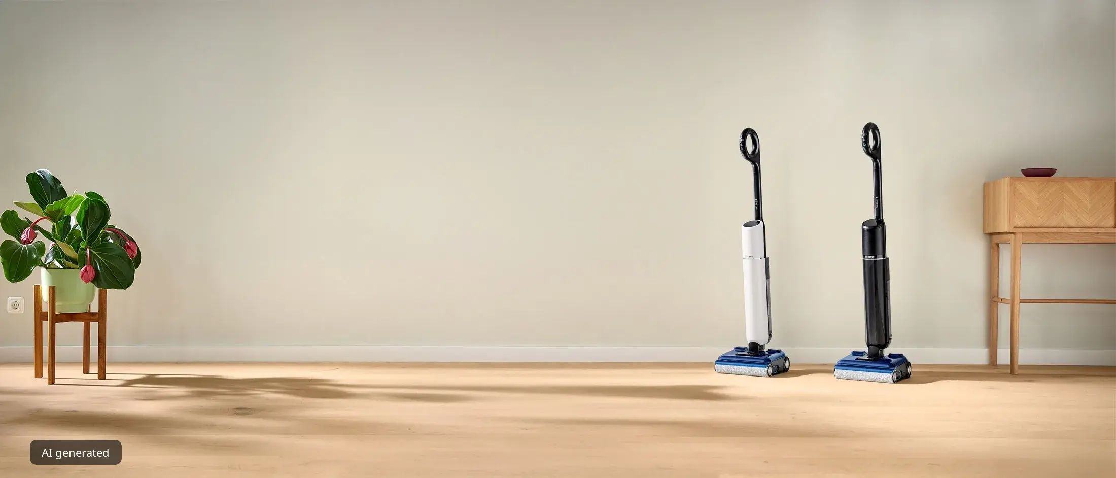 Bosch Golvtvätt Serie 4 och Serie 6 står bredvid varandra i ett vardagsrum, med en växt och ett sidobord intill dem.