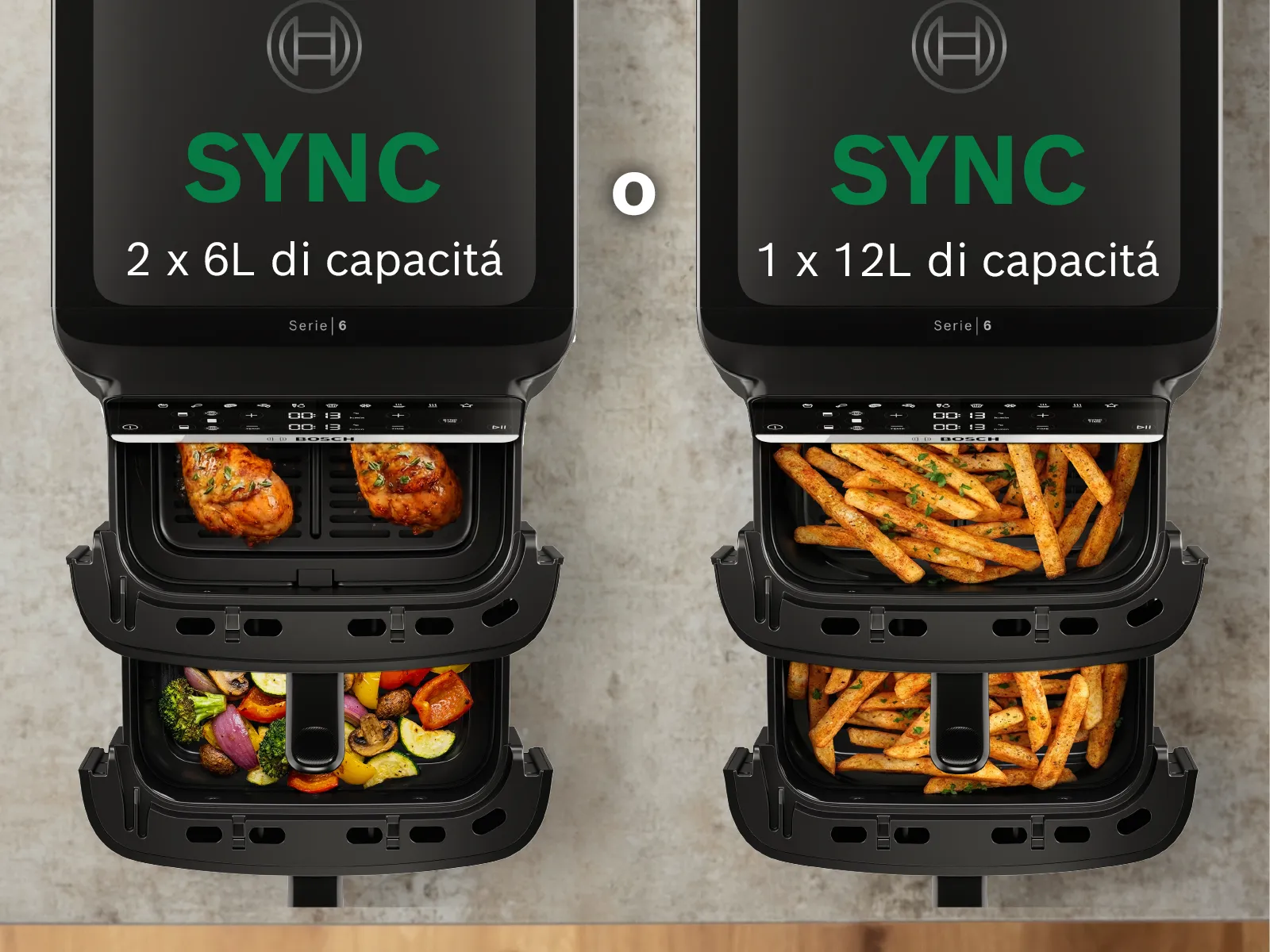 Vengono illustrate le funzioni SYNC e MATCH sulla friggitrice ad aria a doppio cassetto Bosch Serie 6.