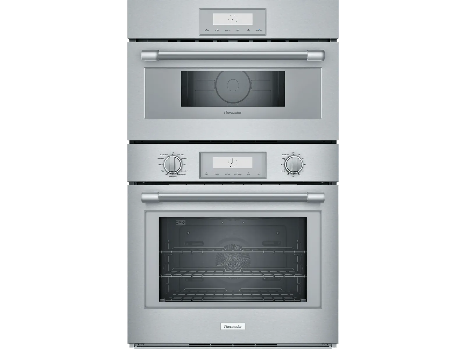 Stainless steel built-in double oven with digital display, control knobs, and multiple racks inside the lower oven.