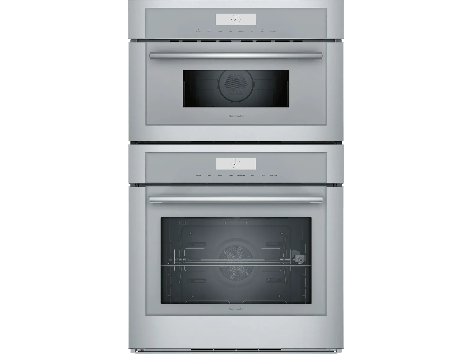 Double wall oven in stainless steel with digital controls and large glass doors for viewing inside.