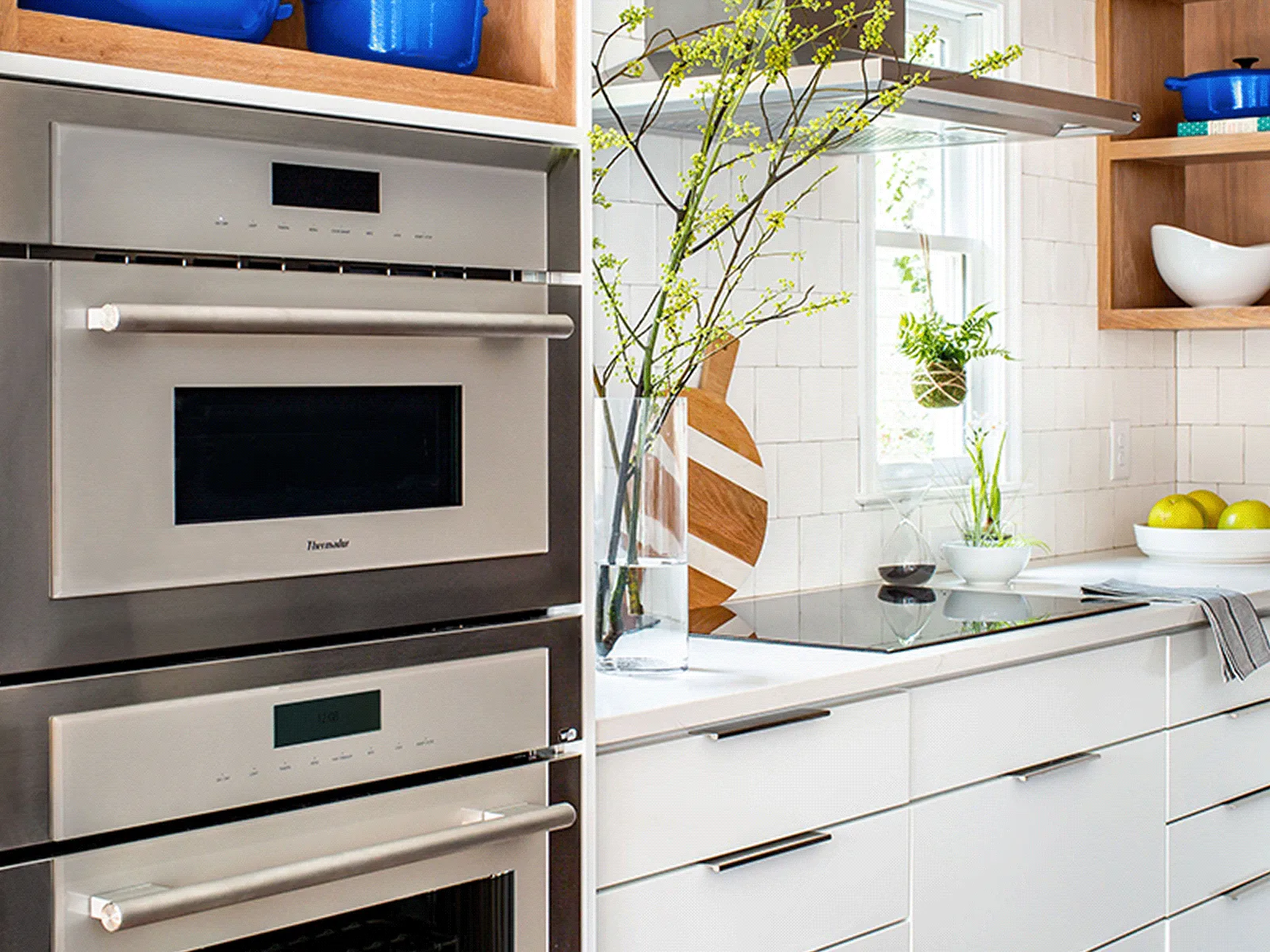 Modern kitchen with built-in stainless steel double oven and white cabinets, decorated with plants.