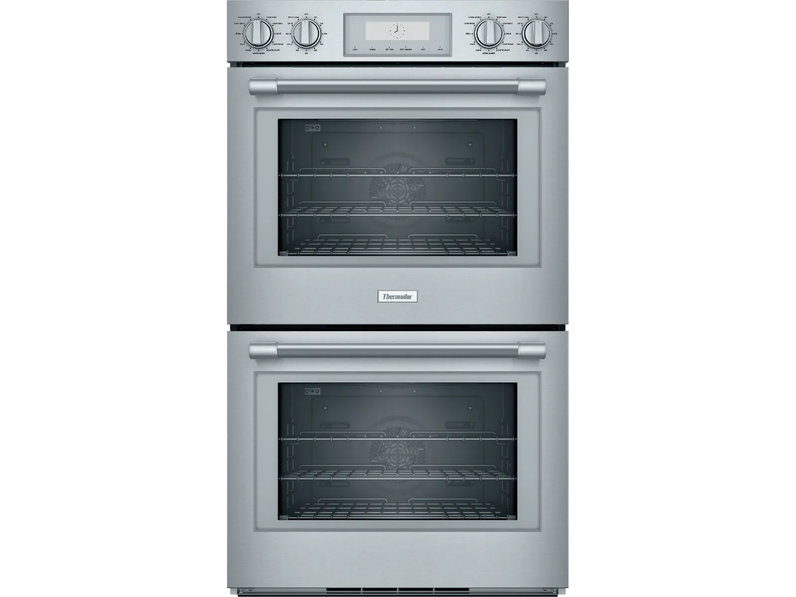 Stainless steel double wall oven with digital display and knobs for control.