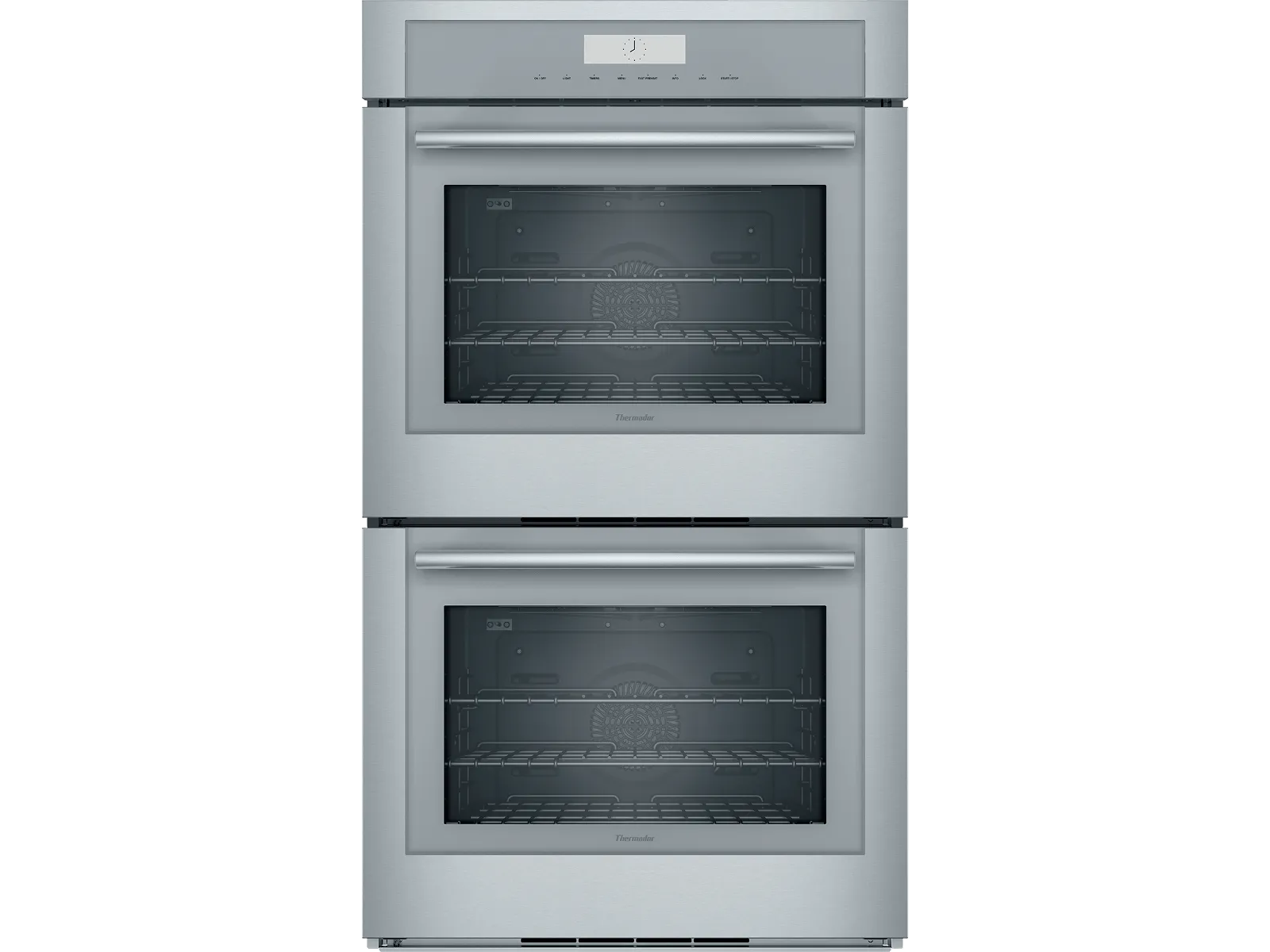 Stainless steel double wall oven with digital display and two spacious cooking compartments with racks inside.
