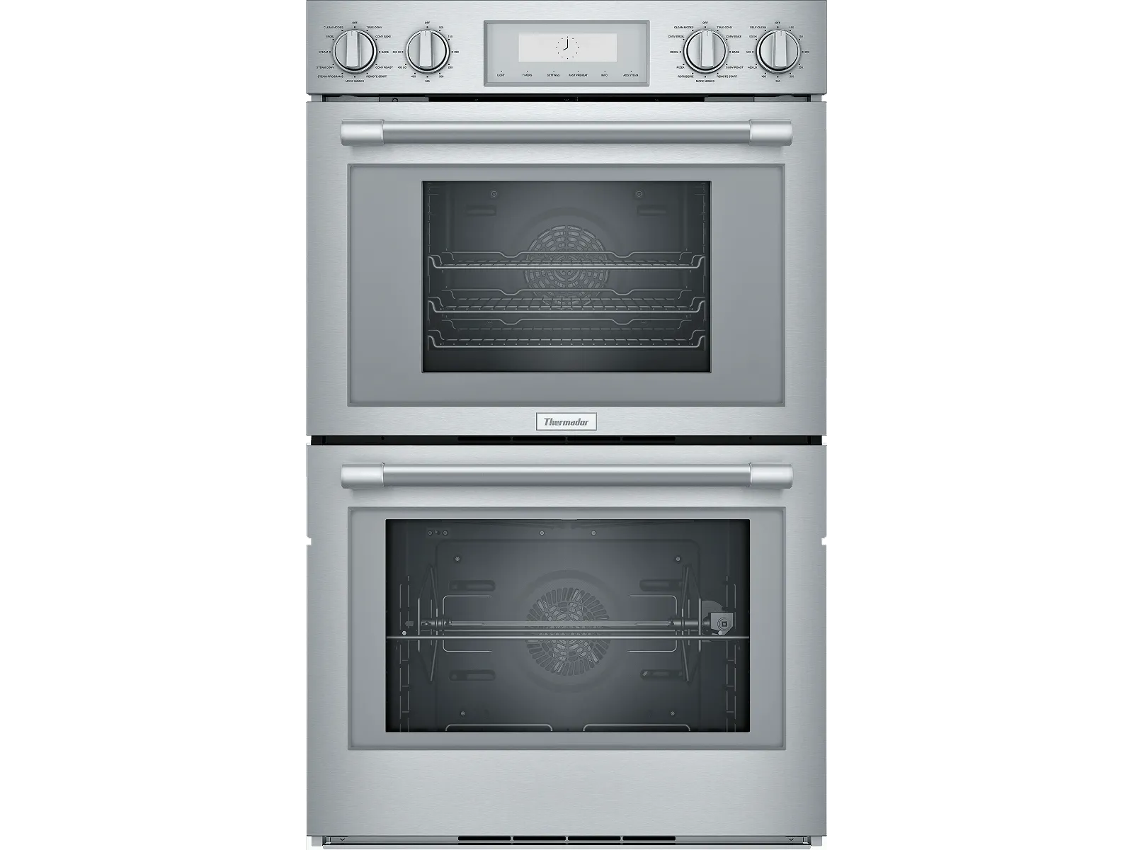 Double wall oven in stainless steel with control knobs, digital display, and transparent glass doors showing oven interiors.