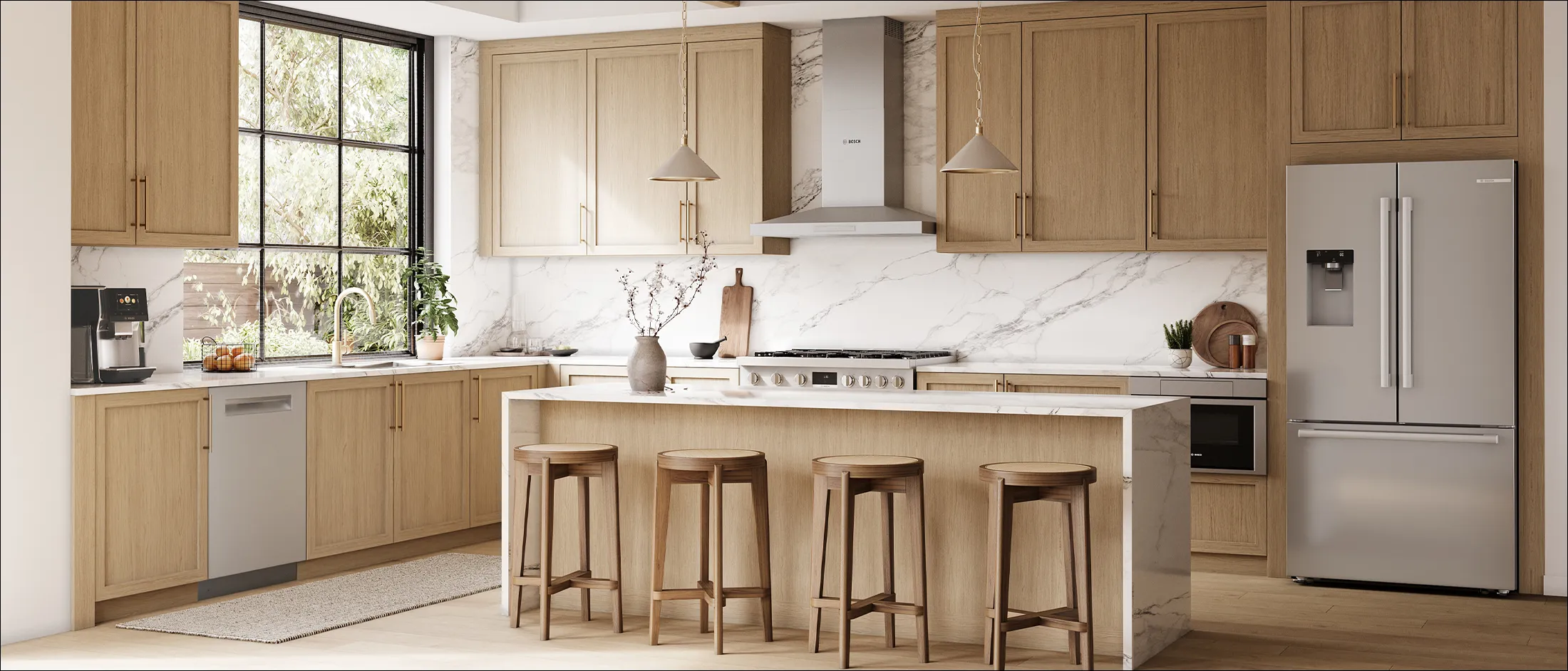 Modern kitchen with light wood cabinets, marble countertops and backsplash, stainless steel appliances, large window, and island with four wooden stools.