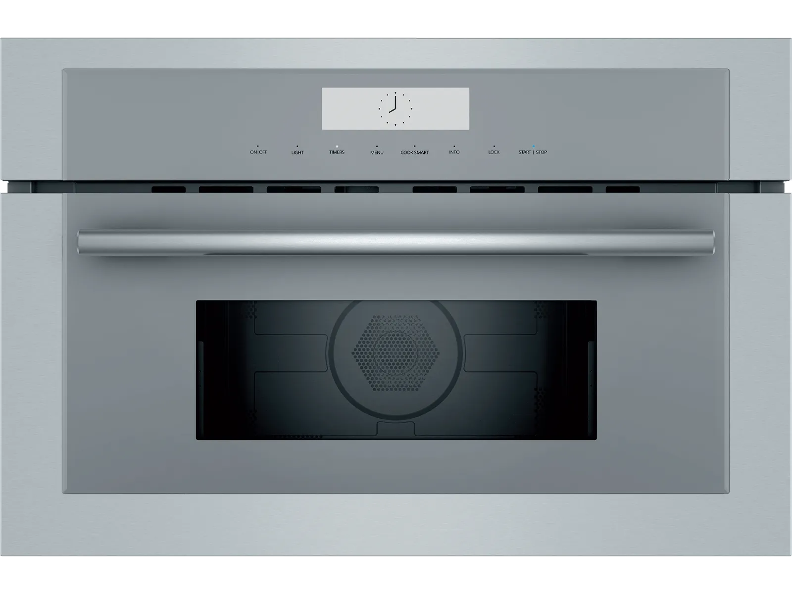 Built-in stainless steel oven with digital interface and sleek handle design.