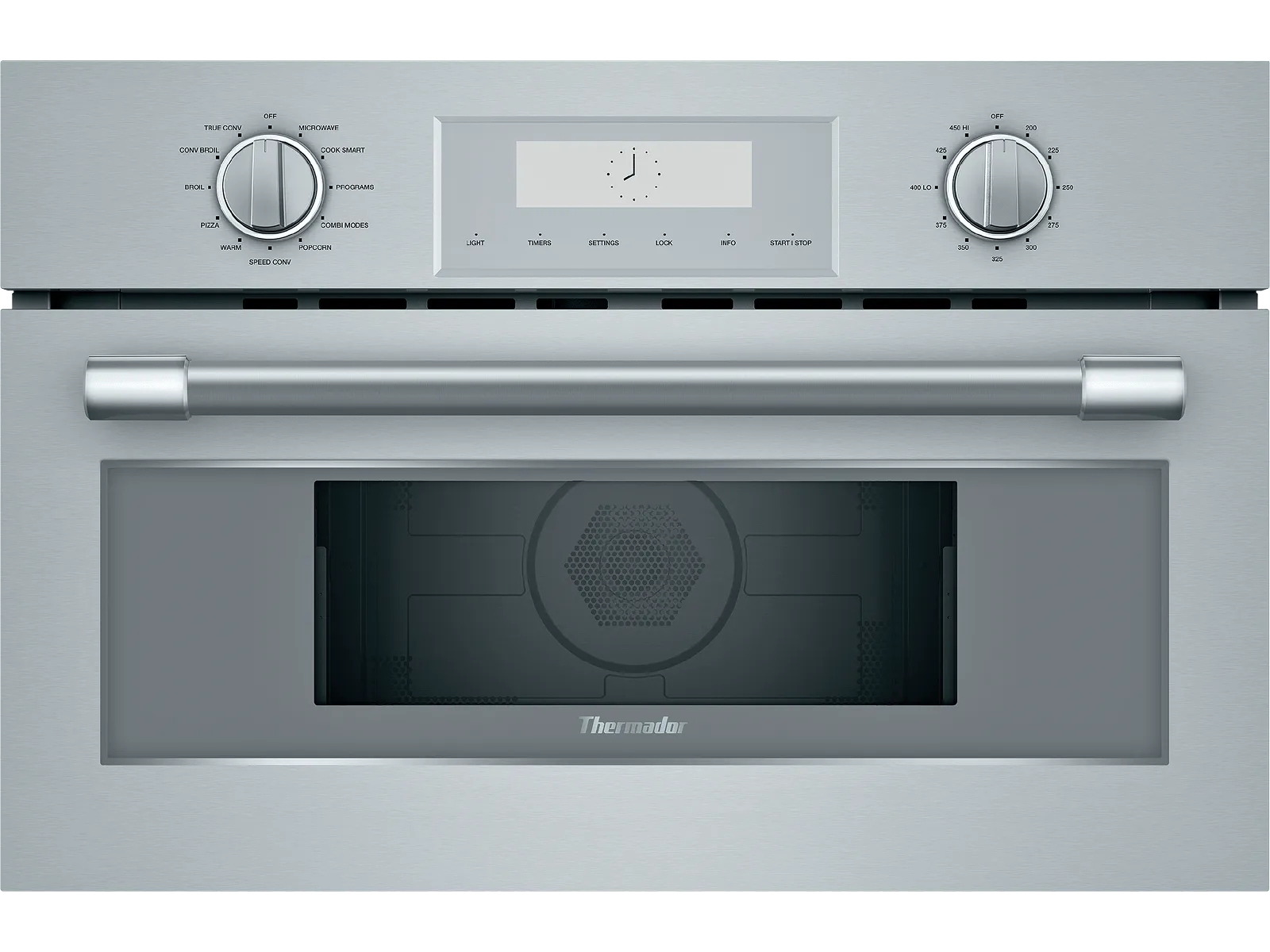 Thermador built-in stainless steel oven with control knobs and digital display.