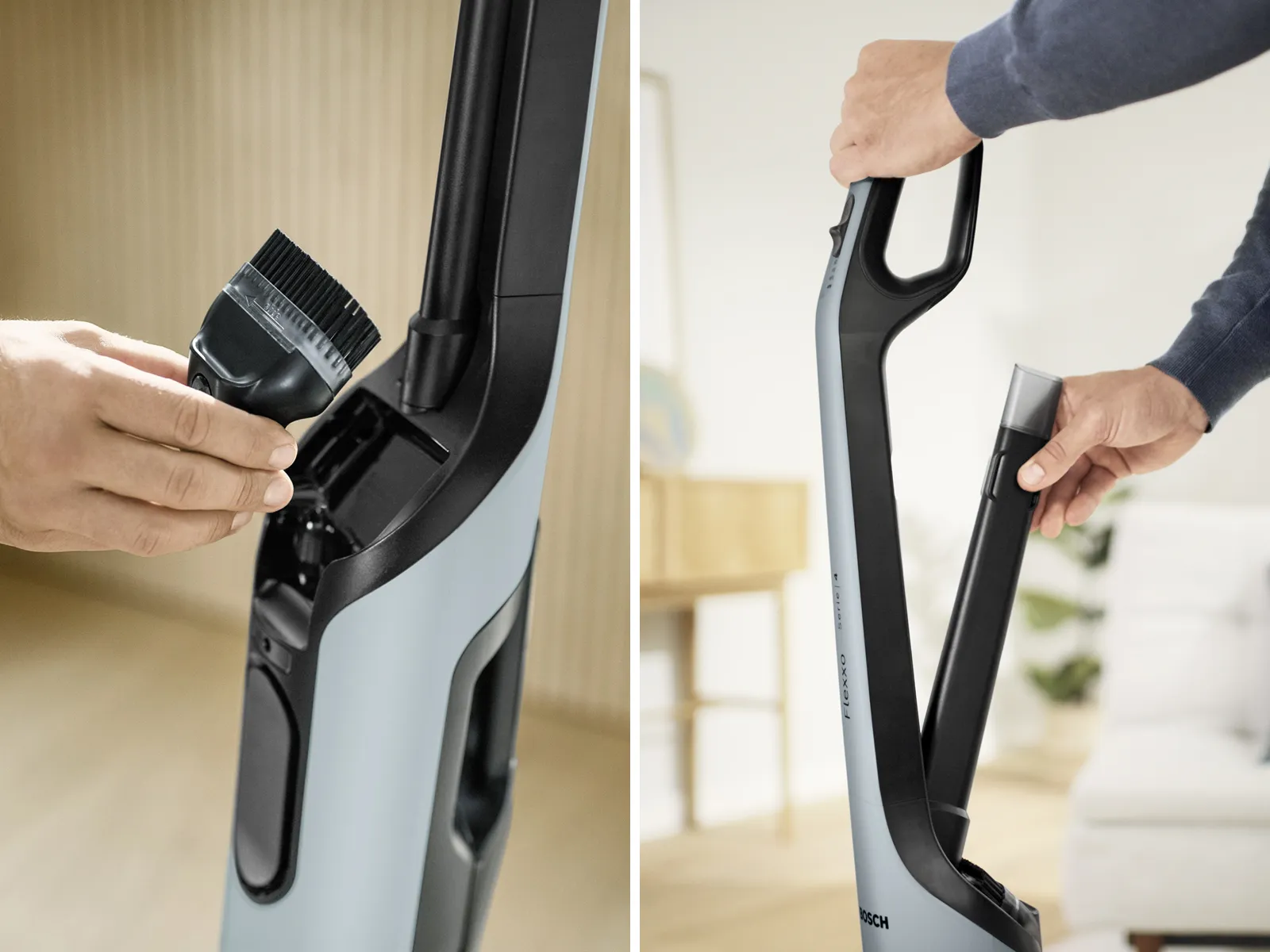 Bosch Flexxo mit integriertem Zubehör und entnehmbarem Handsauger für verschiedene Reinigungsaufgaben.