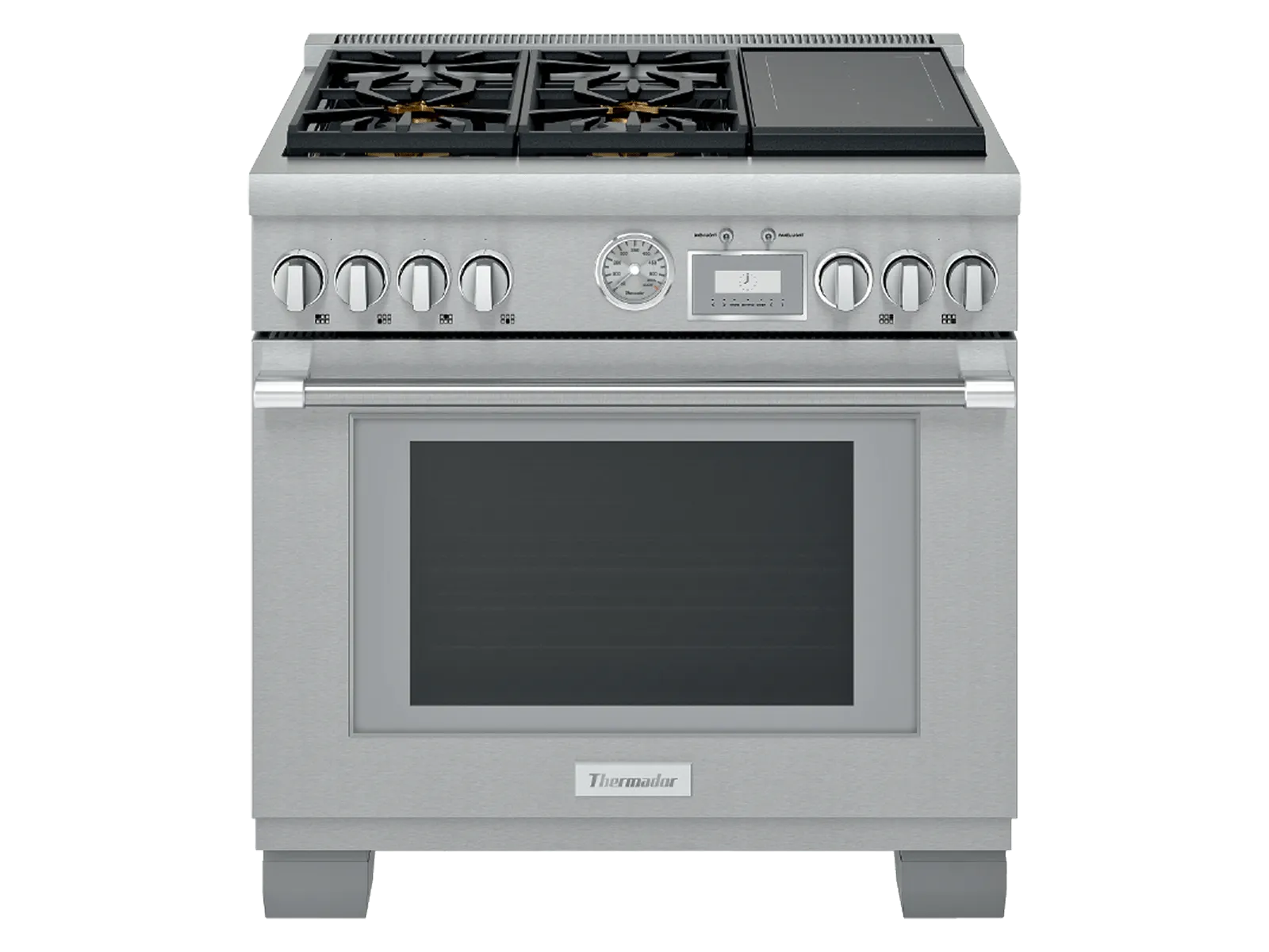 Stainless-steel professional freestanding range, front view: gas cooktop with two cast-iron grate sections over four burners and a rectangular griddle, large oven door with glass window and horizontal handle, and a control panel with multiple knobs, an analog temperature gauge and a digital display.