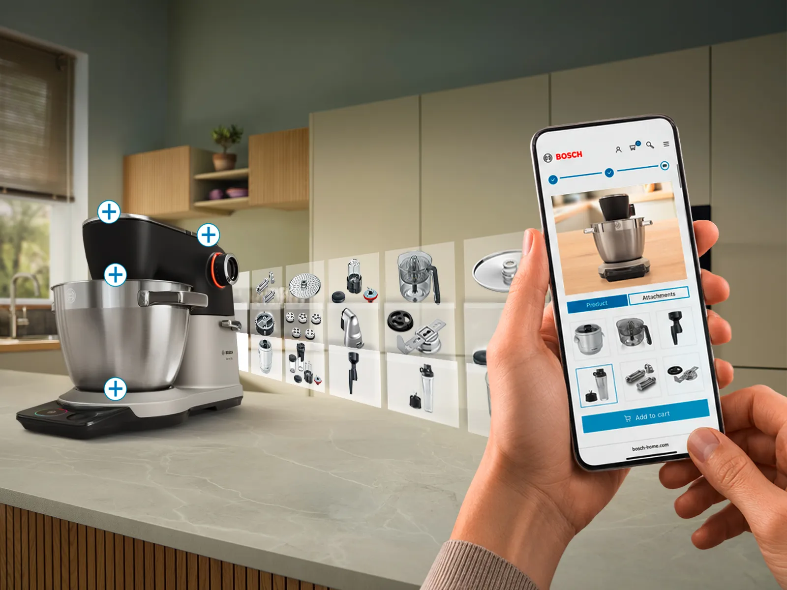 Person using a smartphone app to explore and add attachments for a Bosch kitchen stand mixer displayed on a countertop in a modern kitchen.