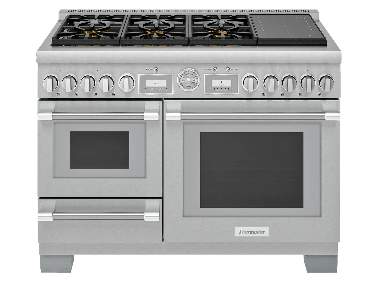 Stainless steel range cooker with six gas burners, two ovens, and a built-in griddle on the right side of the cooktop.