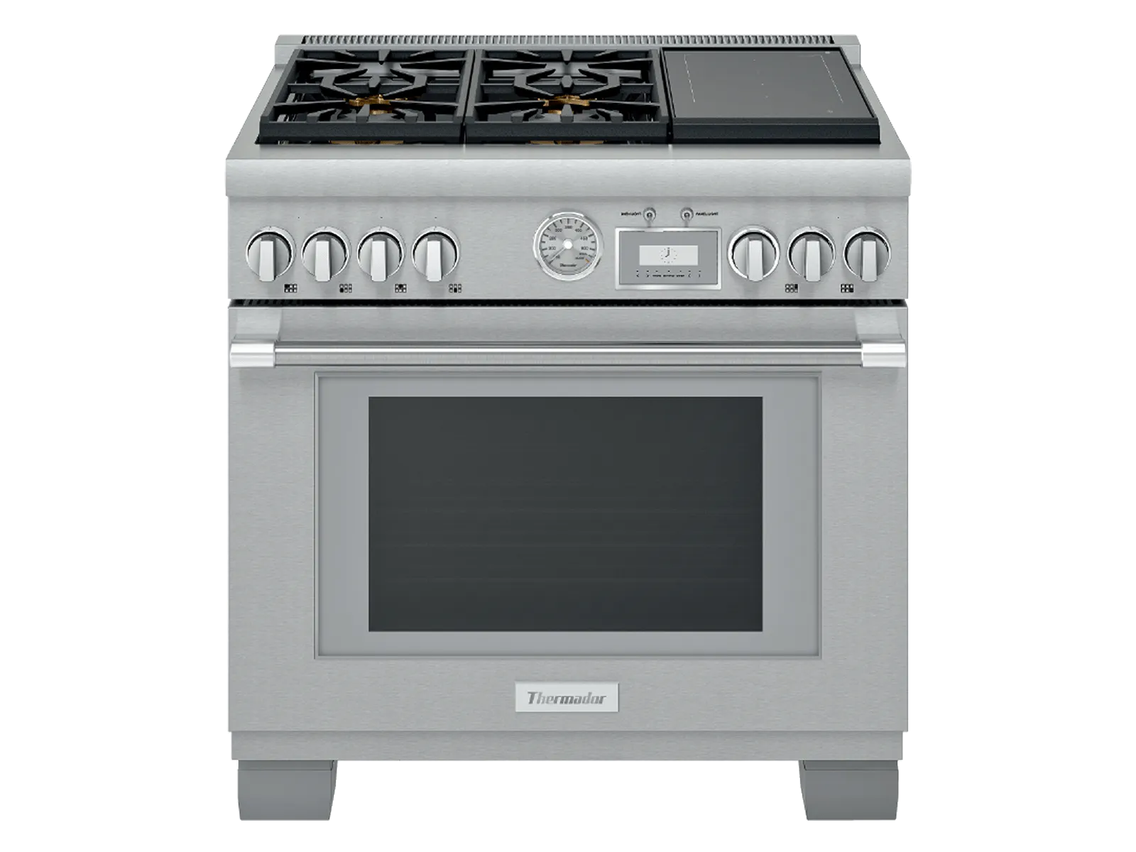 Stainless steel Thermador gas range with four burners, griddle, control knobs, digital display, and large oven door with window.
