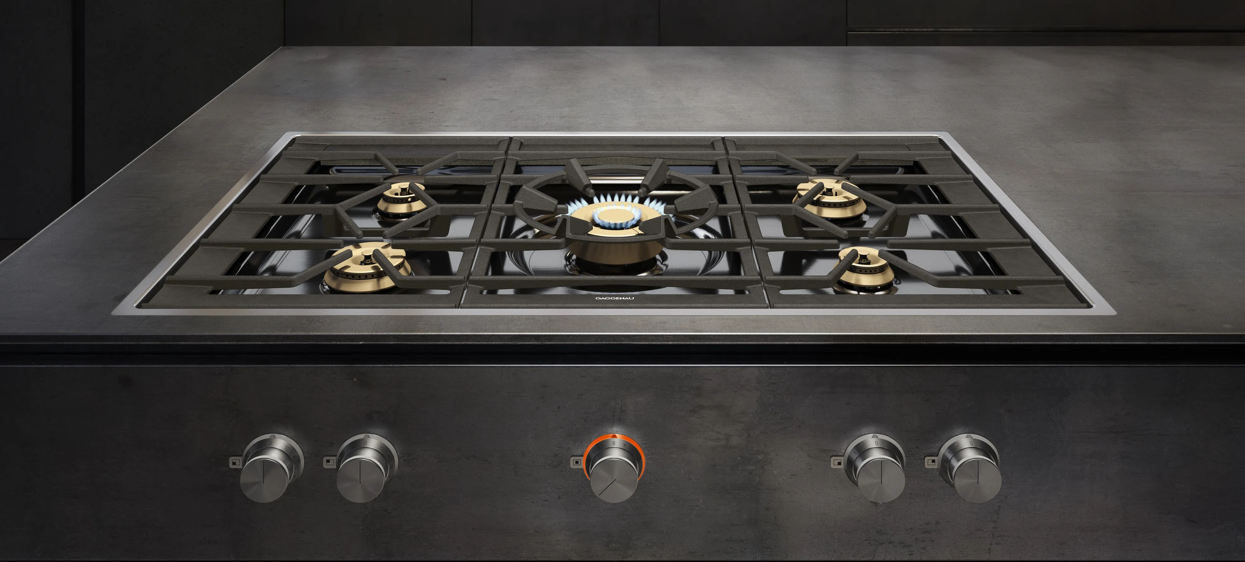 A Gaggenau 400 series five burner gas cooktop
