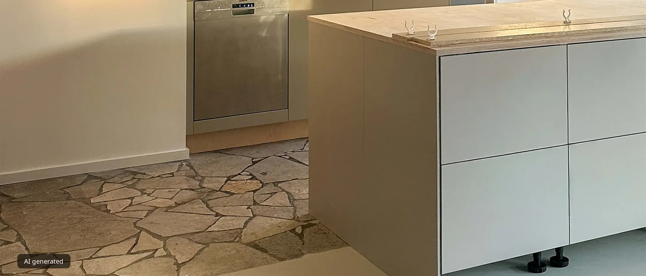 A minimalist kitchen with grey cabinets, a built-in dishwasher, and a unique floor of concrete and flagstone.