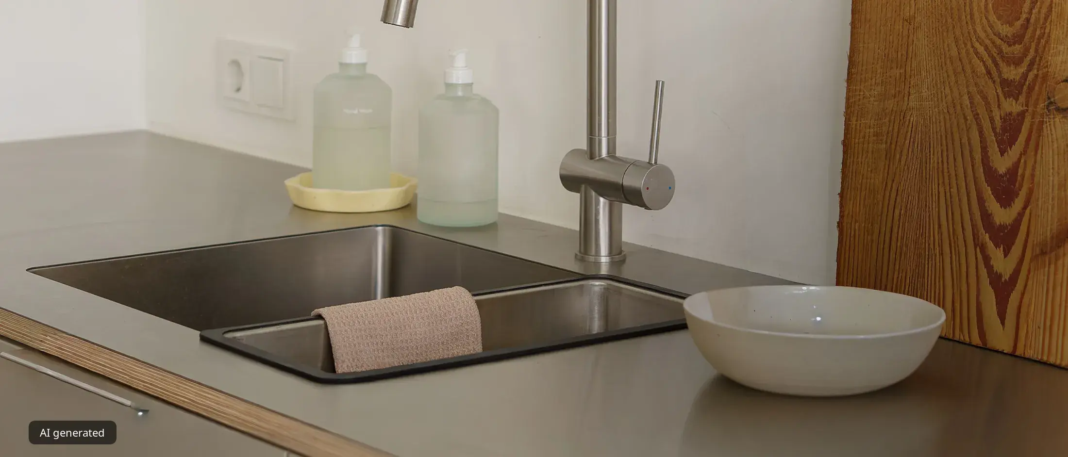A modern stainless steel kitchen sink and faucet, with soap dispensers and a wooden cutting board nearby.