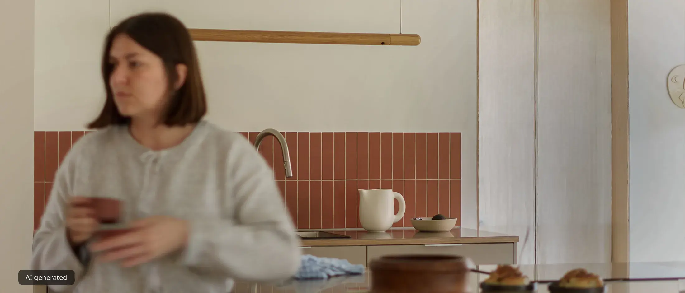 A woman out of focus in the foreground, with a modern kitchen counter and terracotta backsplash in focus behind her.