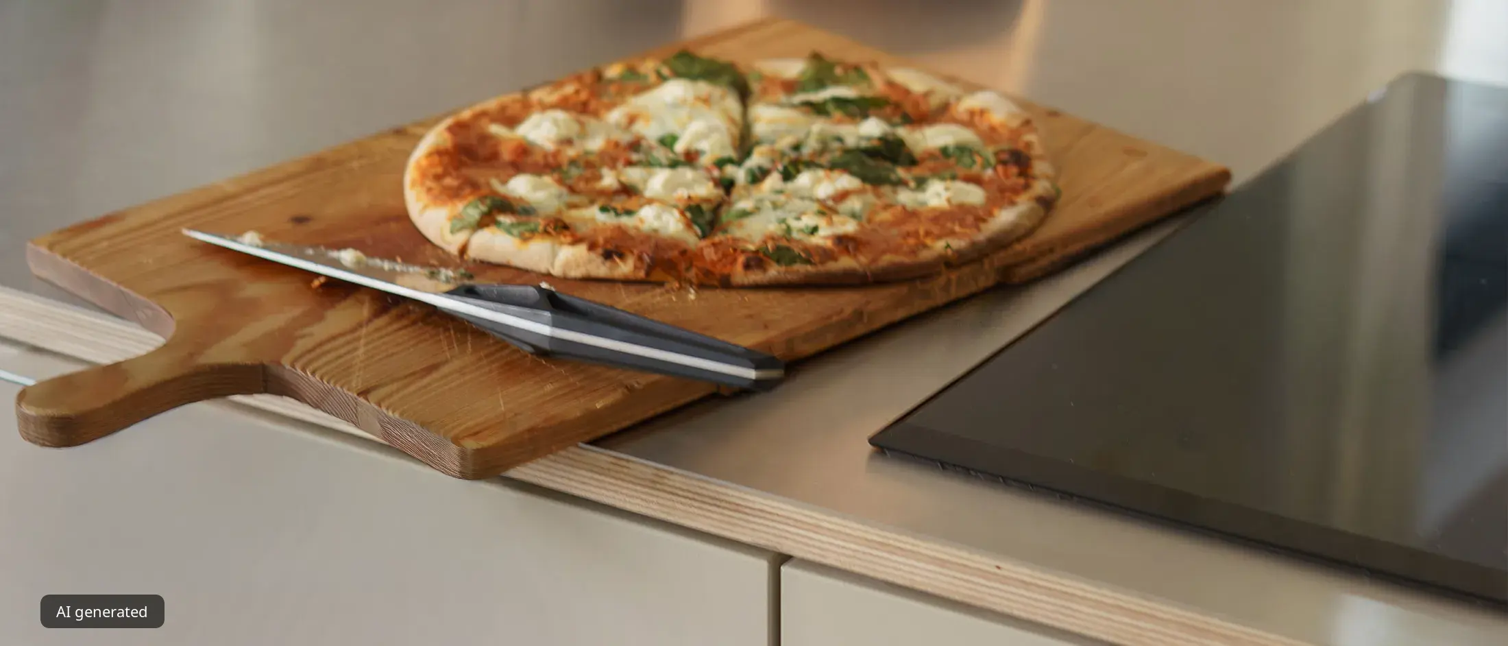 A freshly baked pizza on a wooden cutting board rests on a modern kitchen counter next to the stove