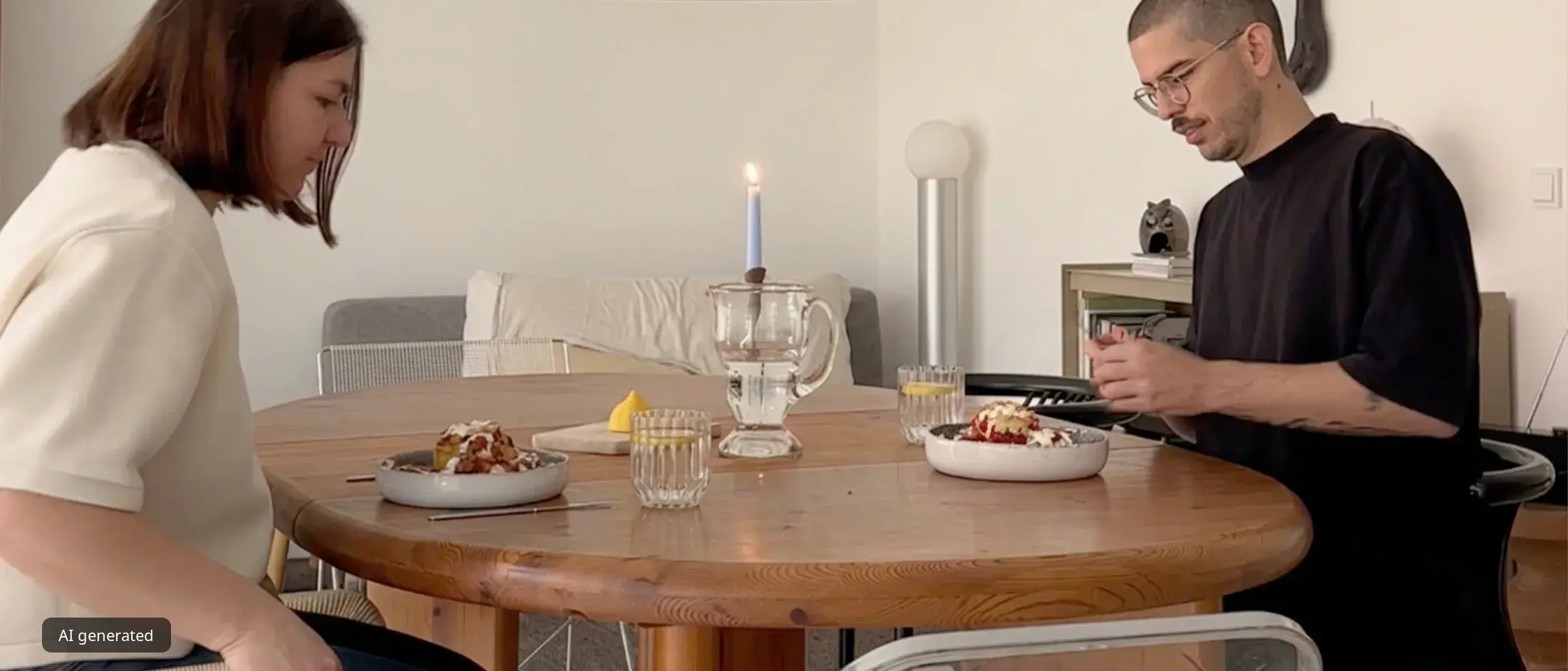 A man and a woman are sitting at a round wooden table, enjoying a candlelit meal in a modern dining room.