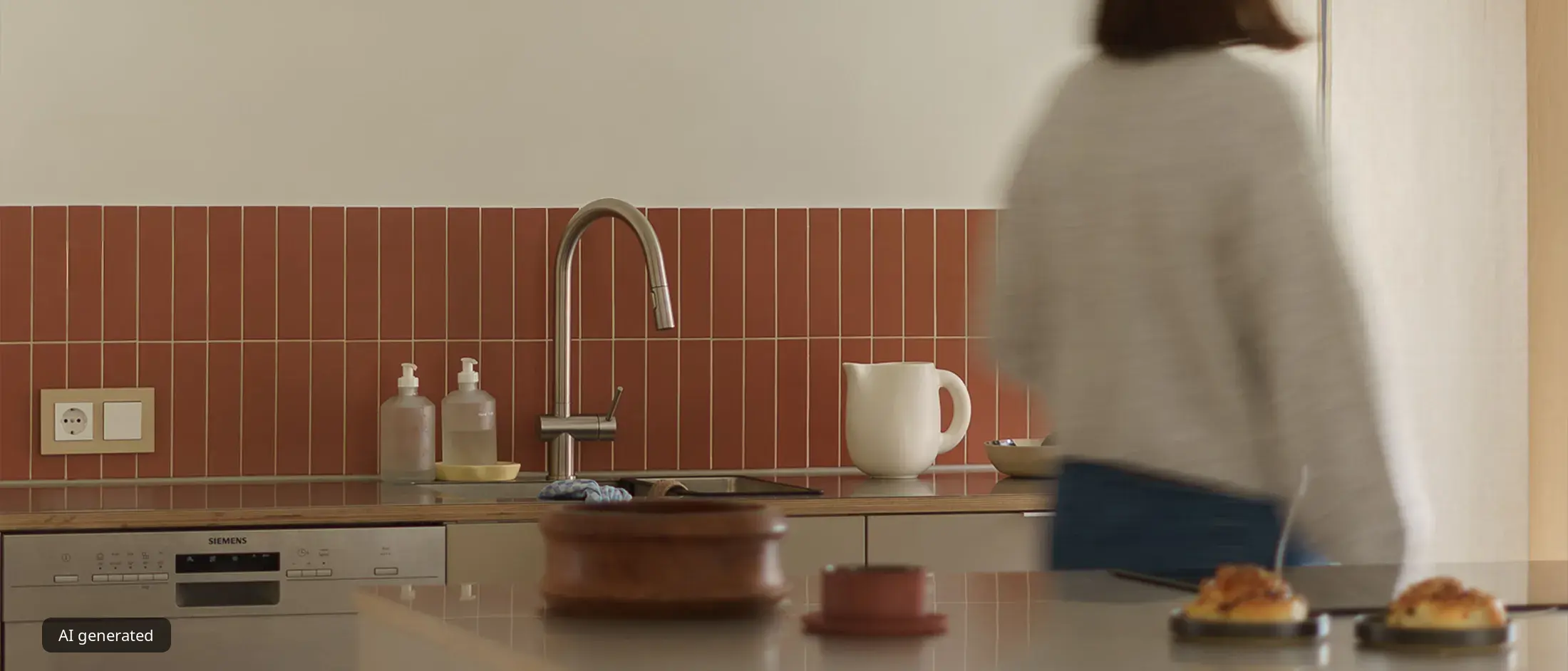 A woman stands in a bright, modern kitchen featuring a Siemens dishwasher and a terracotta tile backsplash.