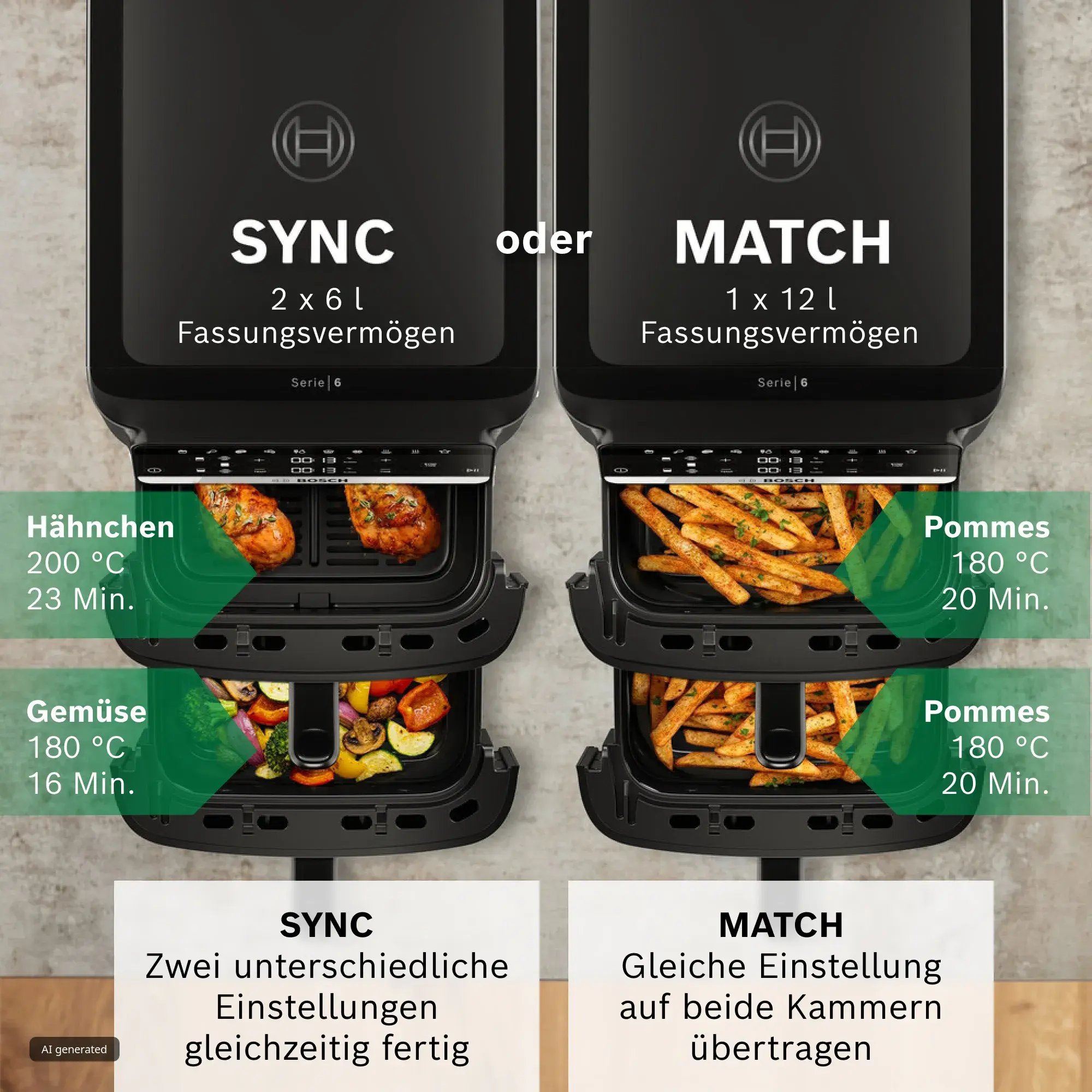 Zwei Bosch Air Fryer Serie 6 Double Stack mit offenen Schubladen. Es werden die beiden Heizfunktionen SYNC und MATCH erklärt.
