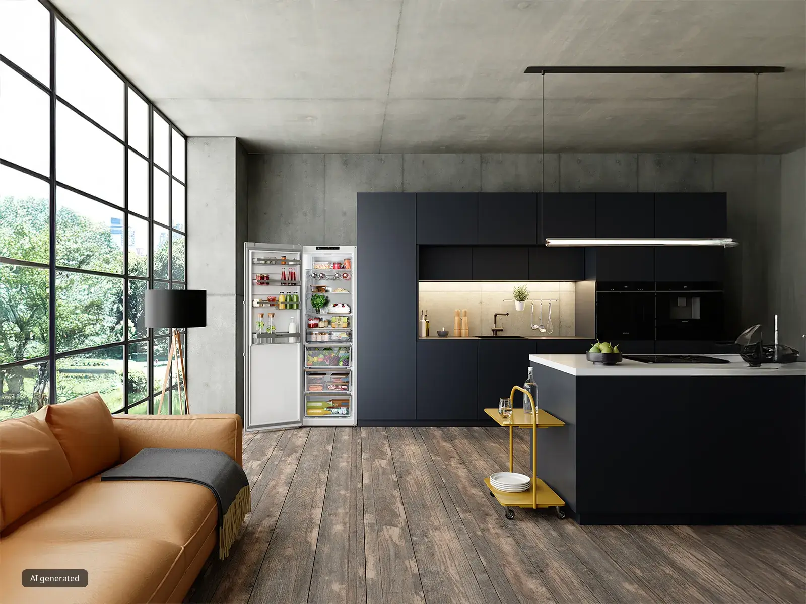 Cocina moderna con un frigorífico abierto lleno de alimentos, una lámpara elegante y muebles de diseño junto a un ventanal luminoso.