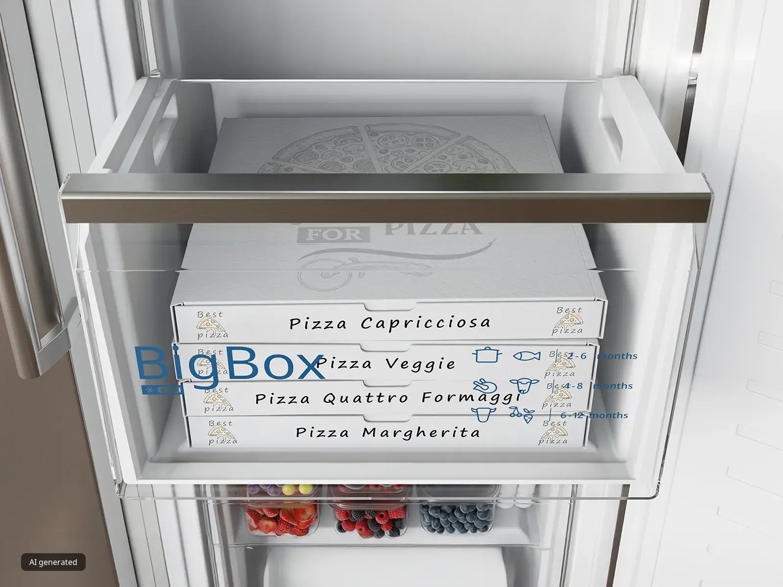 Cajón BigBox del frigorífico Siemens almacenando cuatro cajas de pizza apiladas; frutos rojos frescos visibles en el estante inferior.