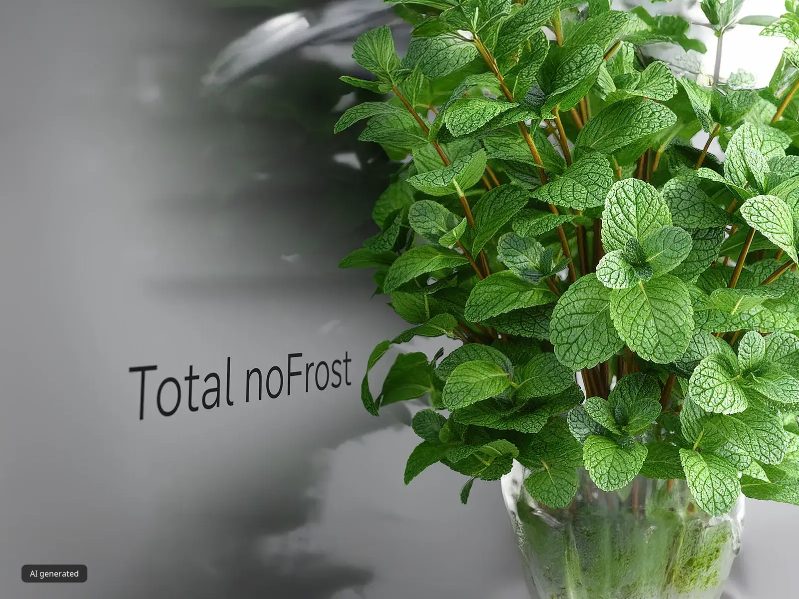 Hojas de menta fresca en un jarrón transparente, con el texto "Total noFrost" visible en el fondo.
