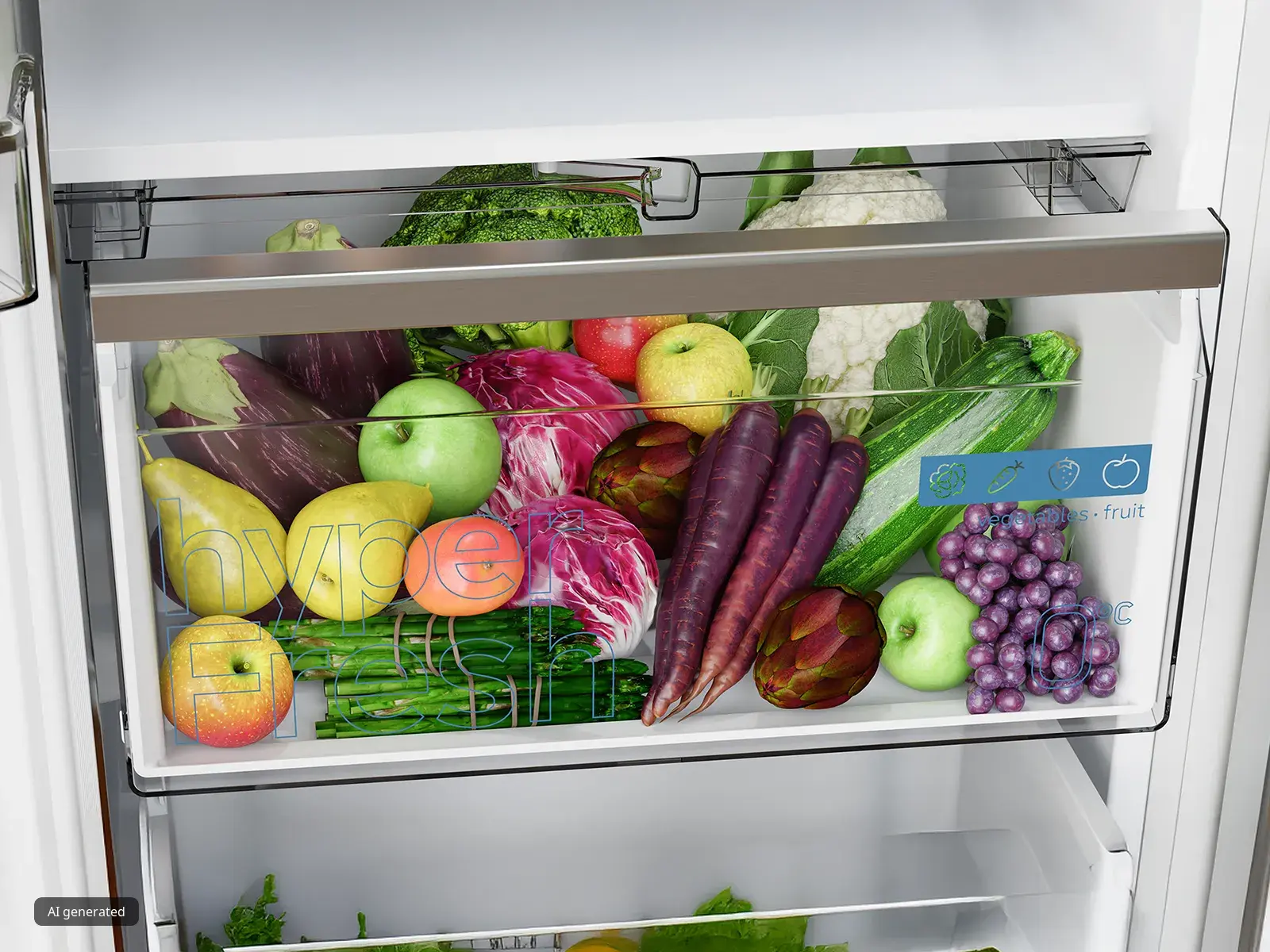 Un cajón del frigorífico lleno de una variedad de frutas y verduras frescas, incluyendo manzanas, uvas, brócoli y calabacín.
