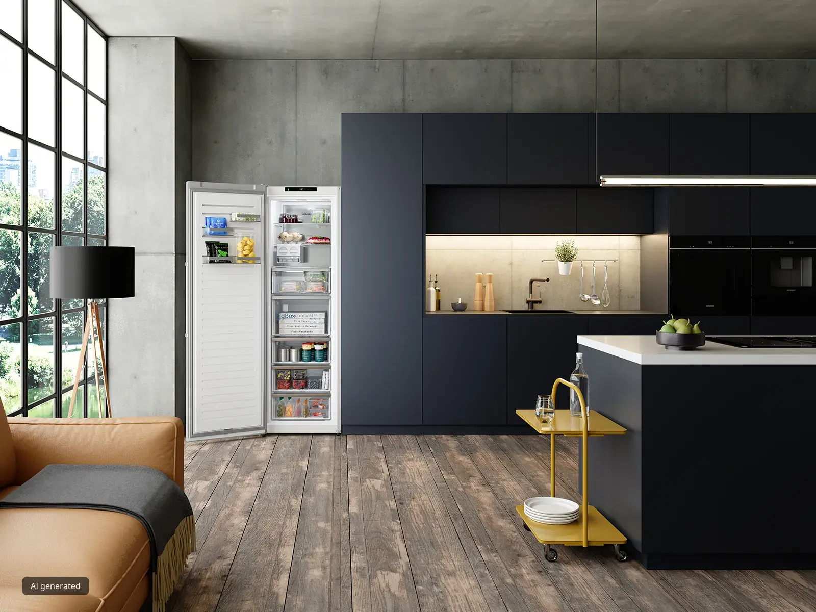 Congelador vertical Siemens abierto en una cocina moderna, mostrando cajones organizados y muebles integrados de diseño elegante.