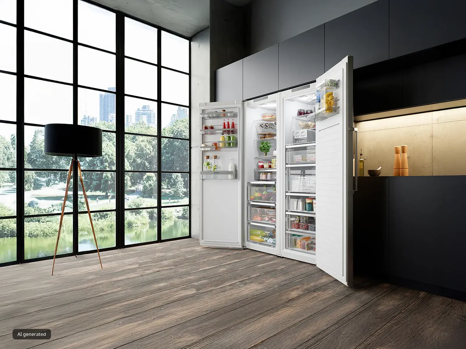 Frigorífico y congelador diseñados por Siemens abiertos en una cocina moderna, con cajones organizados y vistas al parque a través de grandes ventanales.