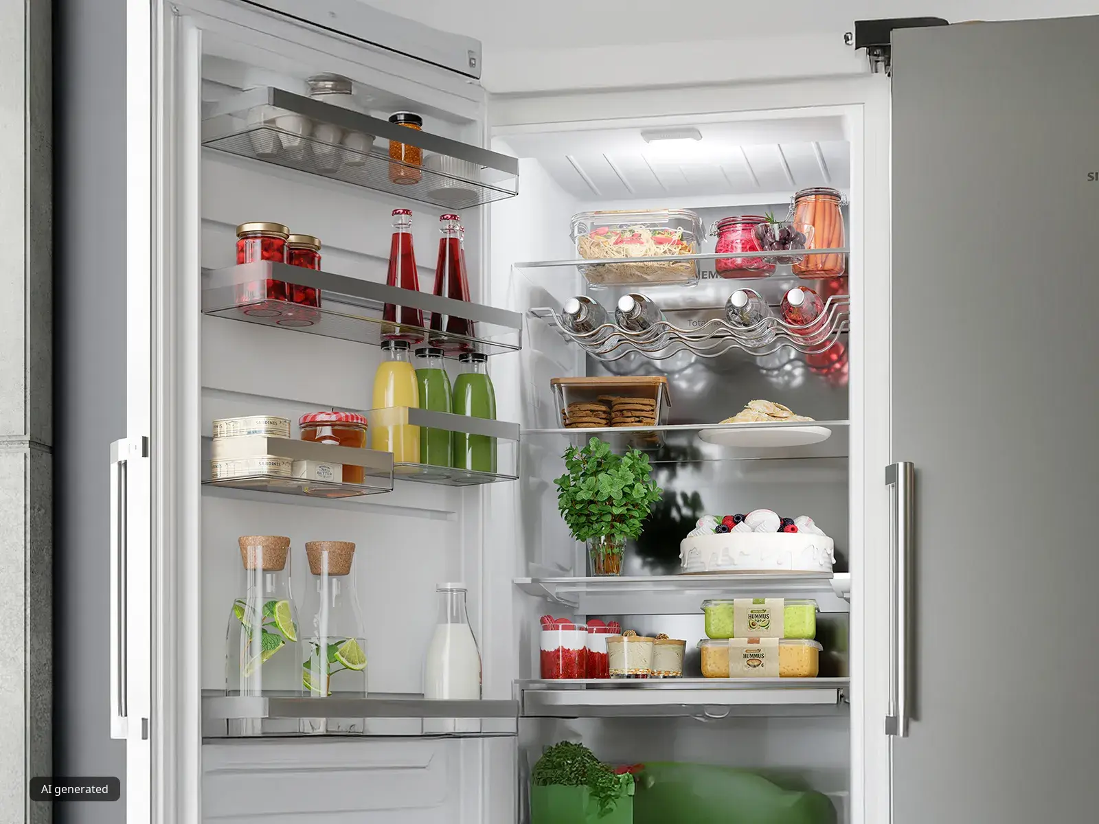Interior del frigorífico Siemens: estantes de vidrio ordenados con productos frescos, bebidas, lácteos y cajón para hielo.