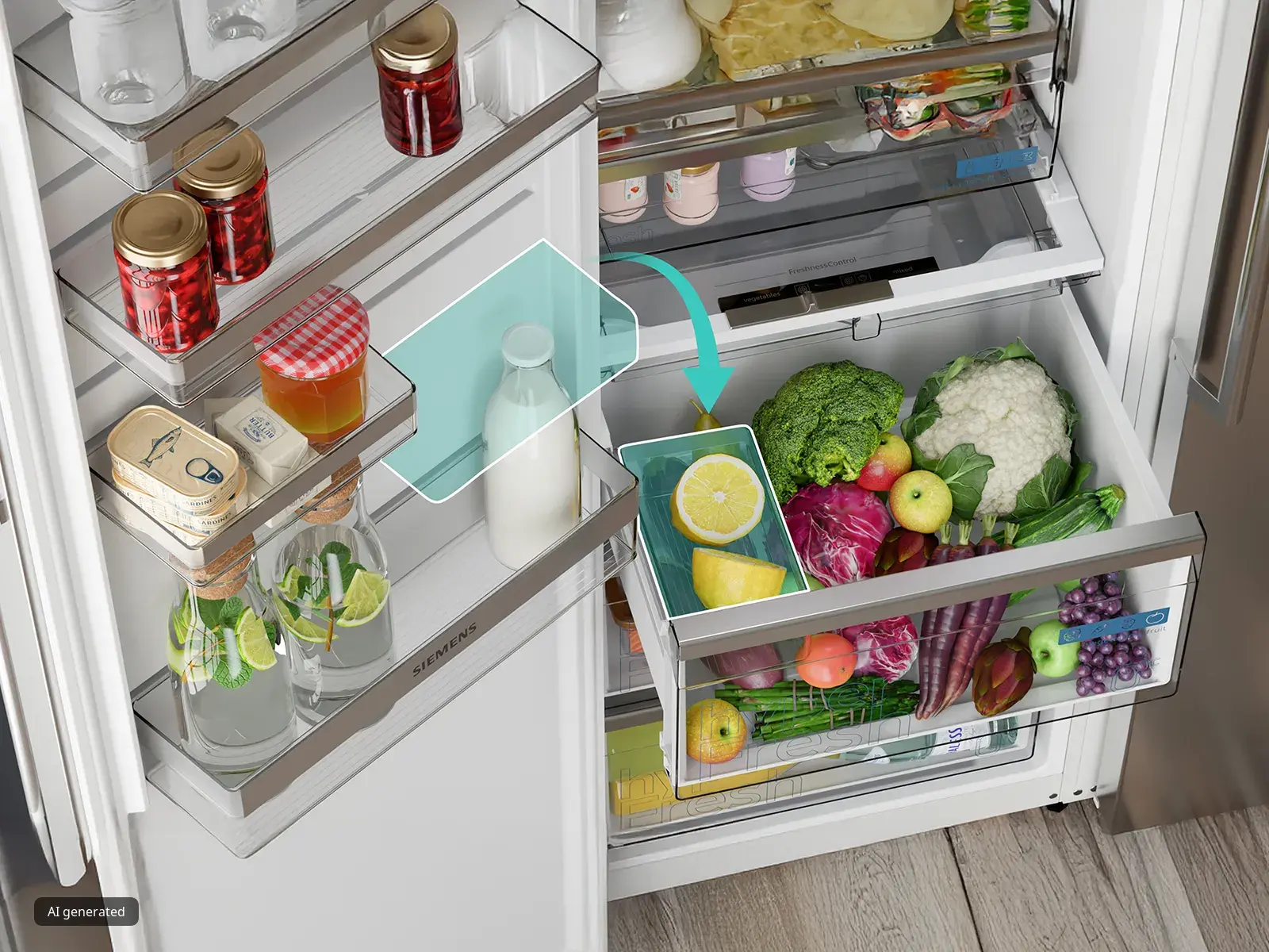 El cajón Fresh de Siemens mantiene las verduras y los cítricos crujientes; los compartimentos ajustables de la puerta permiten un almacenamiento organizado.