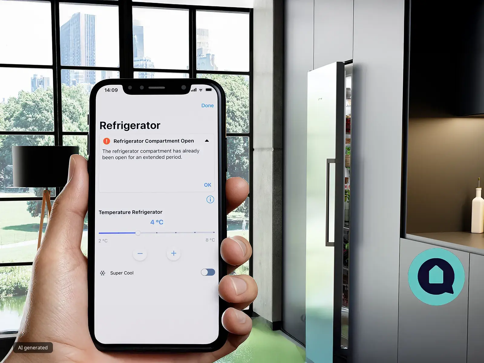 Una mano sostiene un smartphone que muestra una alerta de la app de frigoríficos: "Compartimento del frigorífico abierto". Una cocina moderna y un frigorífico abierto aparecen al fondo.