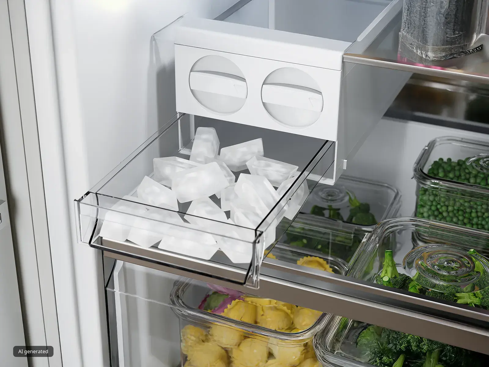 Primer plano de un cajón del congelador abierto con cubitos de hielo en una bandeja transparente. Debajo, verduras organizadas en recipientes transparentes, creando un aspecto ordenado y eficiente.
