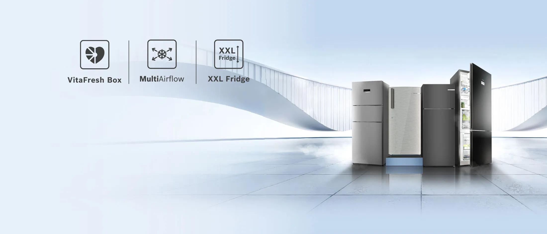 A lineup of various refrigerators, with icons for "VitaFresh Box", "MultiAirflow", and "XXL Fridge" features.