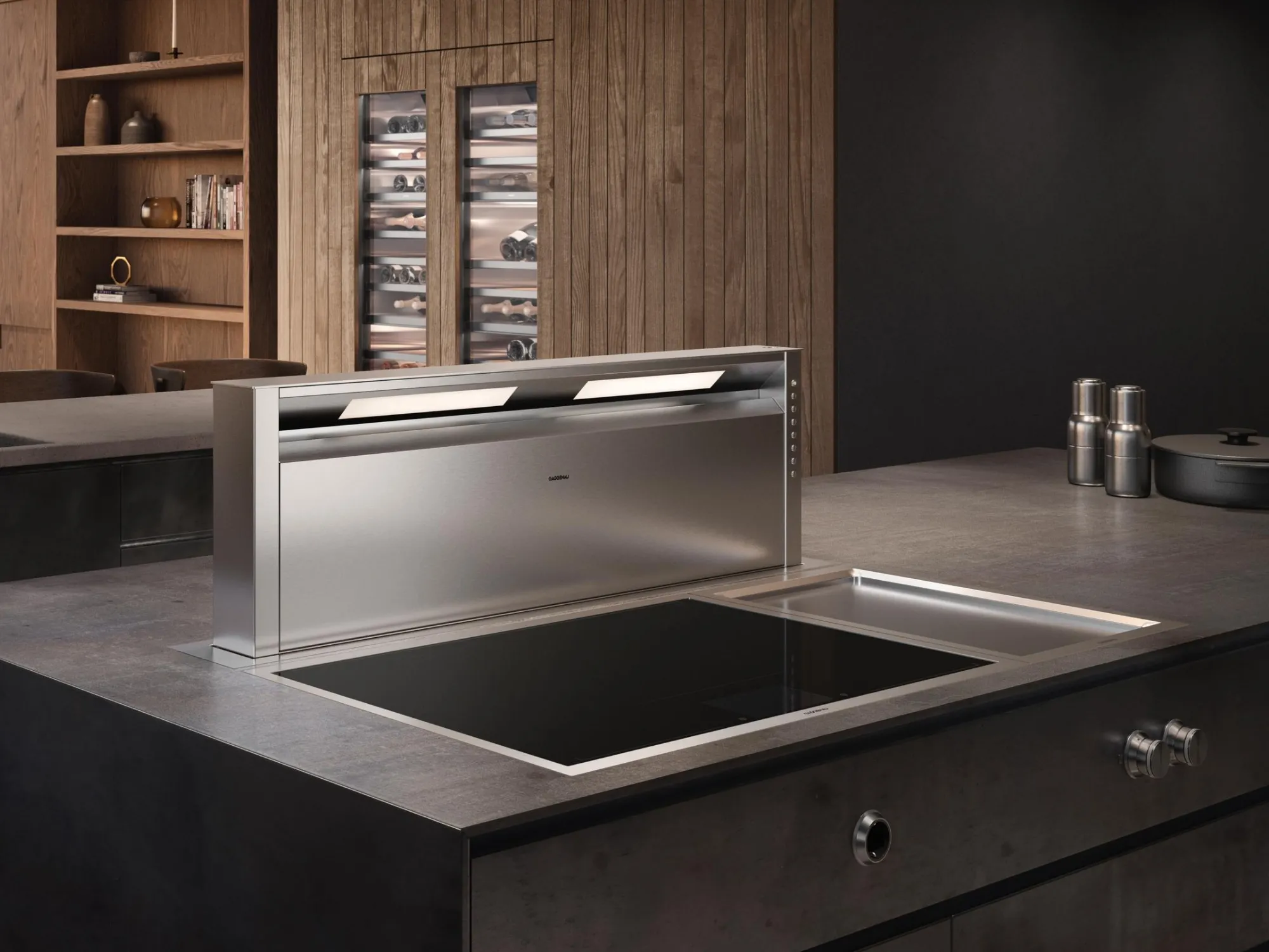 Gaggenau extractor 400 series in a dark modern kitchen
