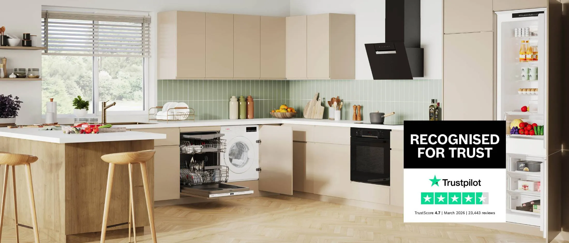 Modern Bosch kitchen with Trustpilot 'Recognised for trust' overlay