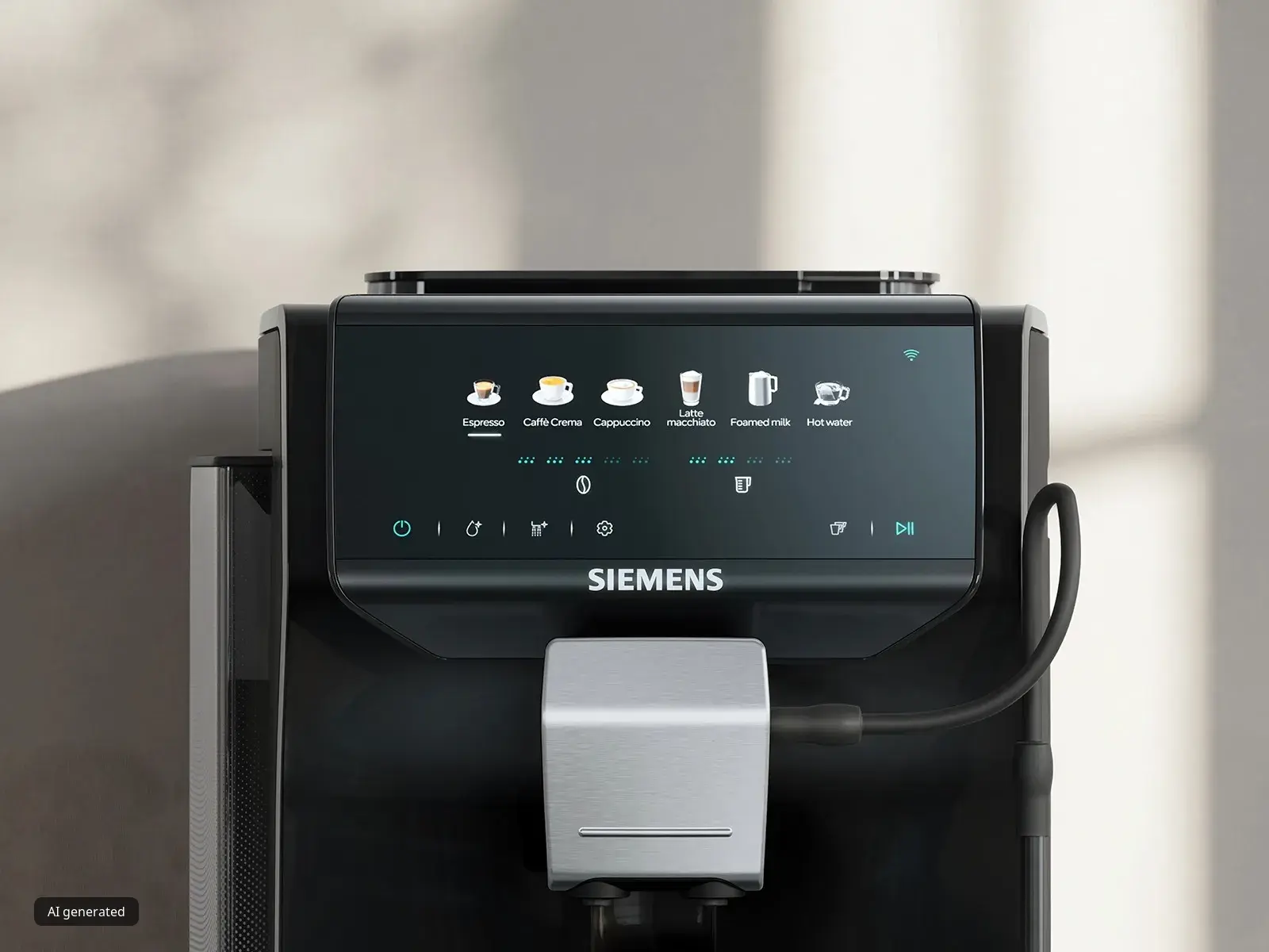 Machine à café automatique Siemens noire avec écran numérique affichant les options de boissons et commandes tactiles.