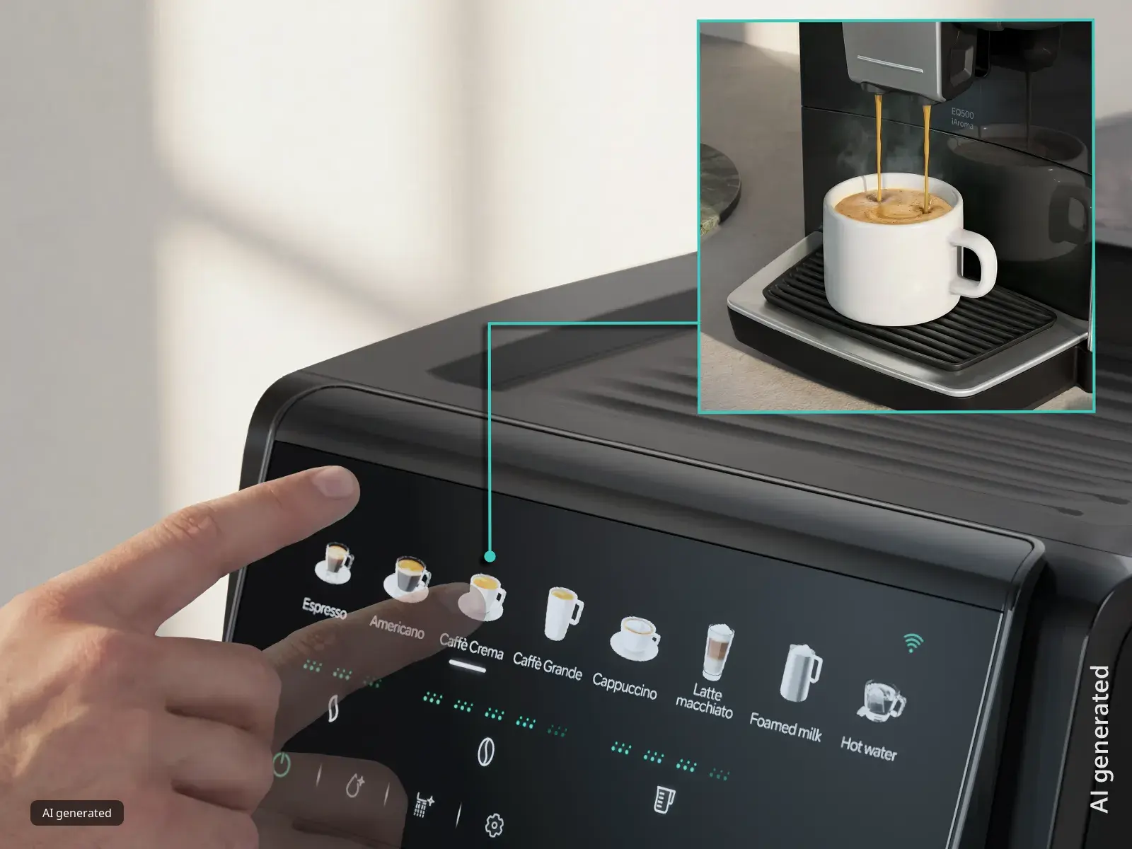 Une personne sélectionne un type de café sur l'écran tactile d'une machine à café noire ; une vignette en médaillon montre le café s'écoulant dans une tasse blanche.